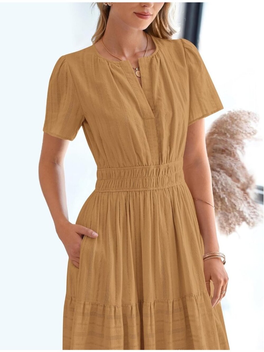 Women’s Khaki Sleeveless Maxi Dress Summer Beach Sundress with Pockets - Picture 6 of 6